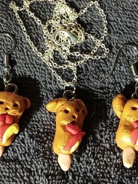 Handmade  Corn Dog Necklace & Earrings Set Cute Kawaii Dog Hot Dog Jewlery
